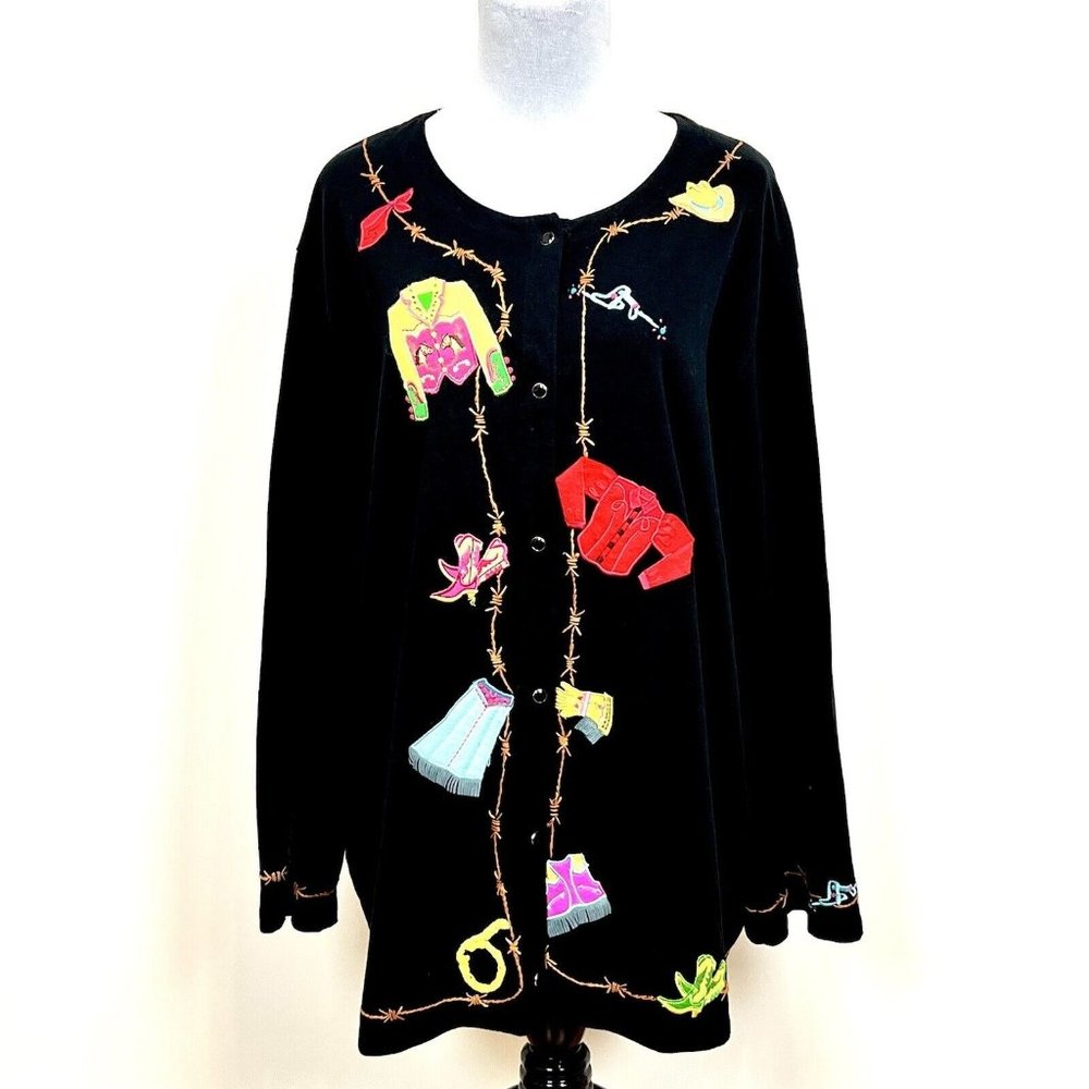Vintage 90s Michael Simon Womens Knit Quirky Maximalist Western Fun Cardigan 2XL